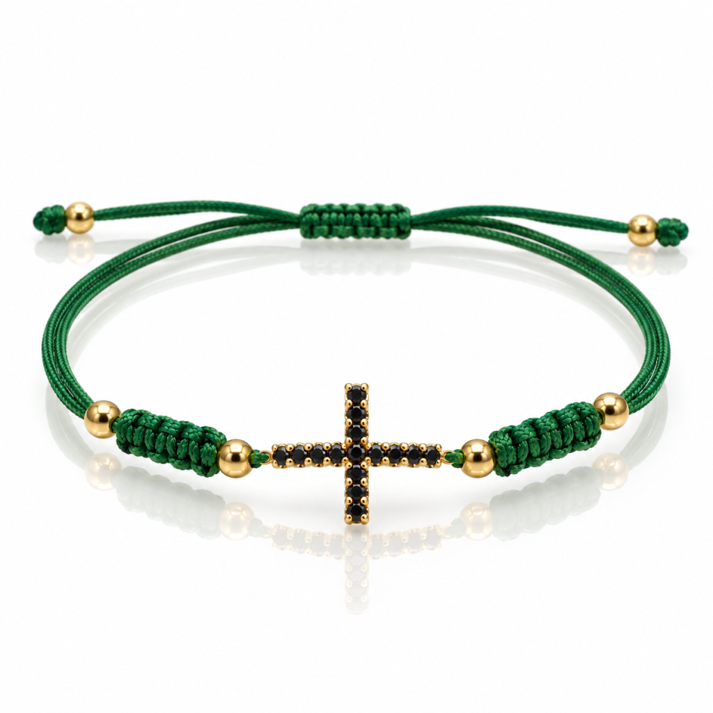 Bracelet Σταυρός Πράσινο με Κορδόνι